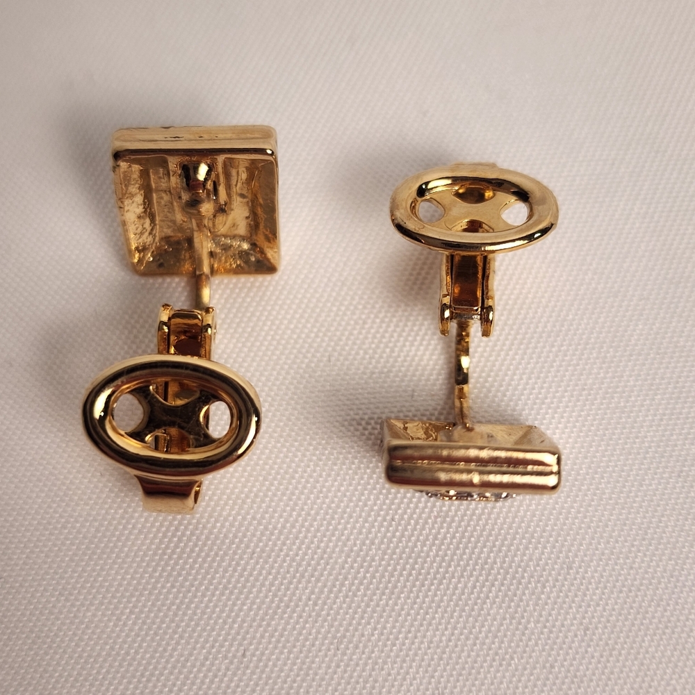 Nina Ricci Gold Square Cube Clip On Earrings Pave Crystals - Picture 7 of 8